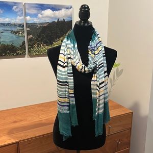 Teal white yellow blue striped scarf lightweight & summery